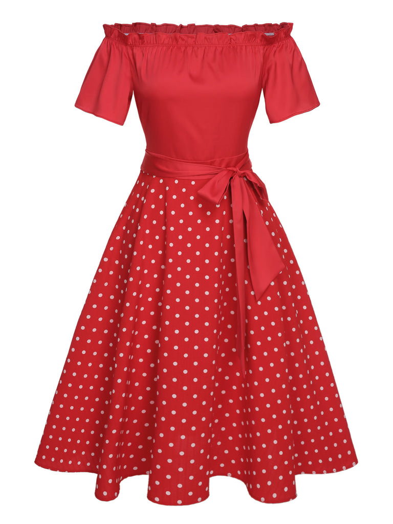 Red 1950s Off-Shoulder Polka Dots Belted Dress, vintage dress, retro fashion, rockabilly, pin-up fashion - perfect for women who love vintage and retro fashion