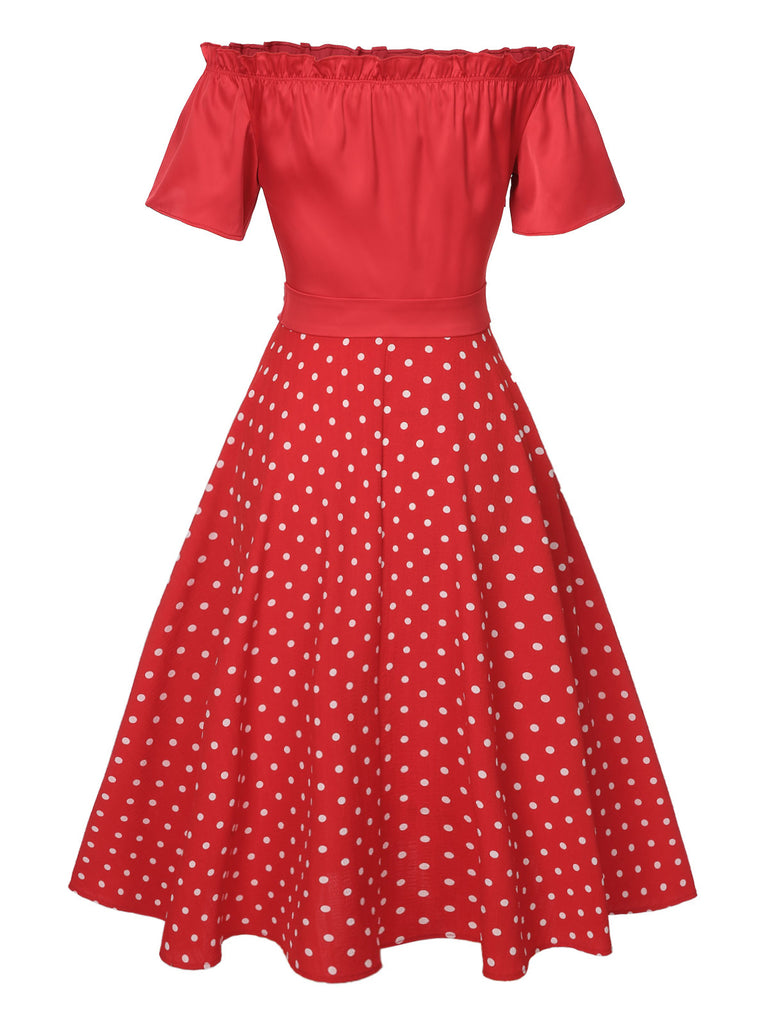 Red 1950s Off-Shoulder Polka Dots Belted Dress, vintage dress, retro fashion, rockabilly, pin-up fashion - perfect for women who love vintage and retro fashion