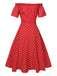 Red 1950s Off-Shoulder Polka Dots Belted Dress, vintage dress, retro fashion, rockabilly, pin-up fashion - perfect for women who love vintage and retro fashion