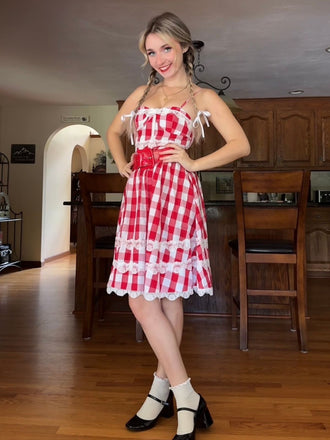 She slips into this Red 1950s Plaid Lace Bow Strap Dress and suddenly it's a 1950s daydream