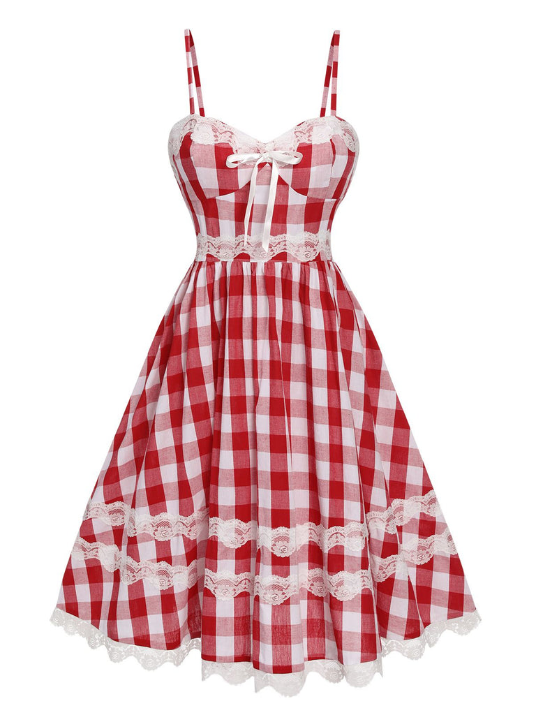 Red 1950s Plaid Lace Bow Strap Dress, vintage dress, retro fashion, rockabilly, pin-up fashion - perfect for women who love vintage and retro fashion
