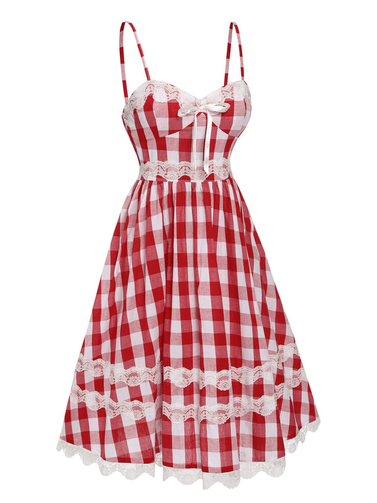 Red 1950s Plaid Lace Bow Strap Dress, vintage dress, retro fashion, rockabilly, pin-up fashion - perfect for women who love vintage and retro fashion