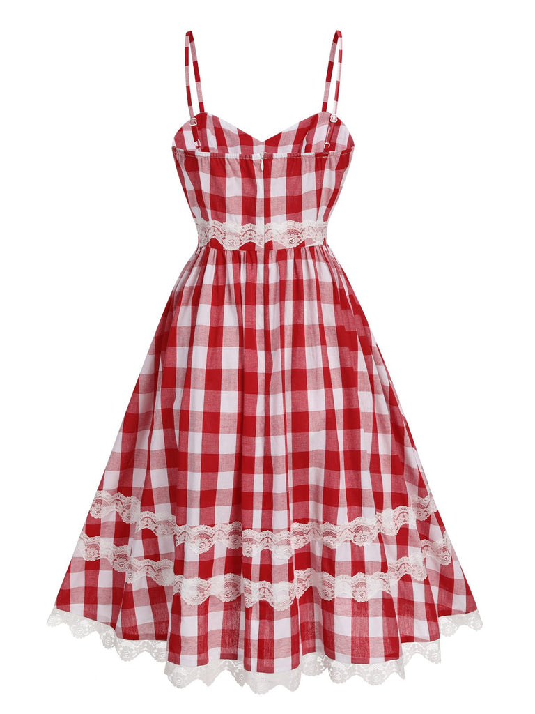 Red 1950s Plaid Lace Bow Strap Dress, vintage dress, retro fashion, rockabilly, pin-up fashion - perfect for women who love vintage and retro fashion