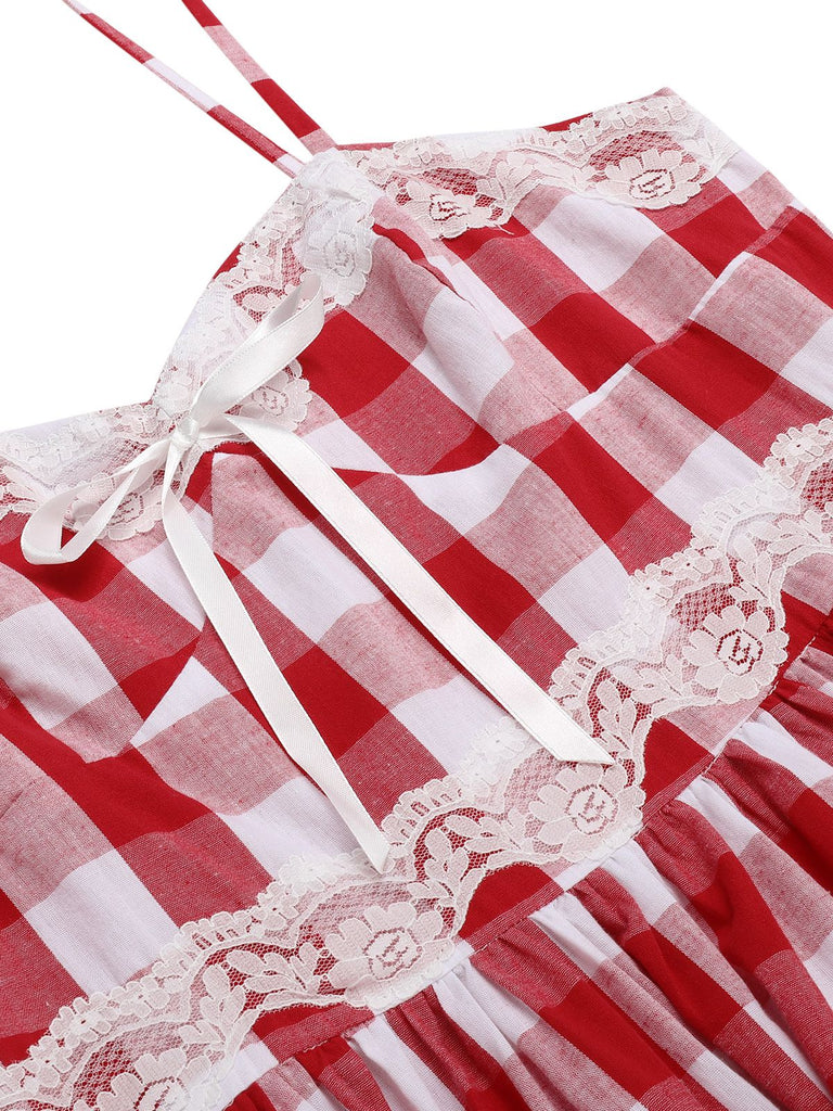 Red 1950s Plaid Lace Bow Strap Dress, vintage dress, retro fashion, rockabilly, pin-up fashion - perfect for women who love vintage and retro fashion