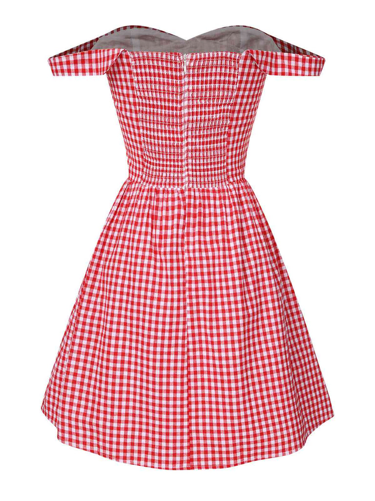 Red 1950s Plaid Off-Shoulder Swing Dress, vintage dress, retro fashion, rockabilly, pin-up fashion - perfect for women who love vintage and retro fashion
