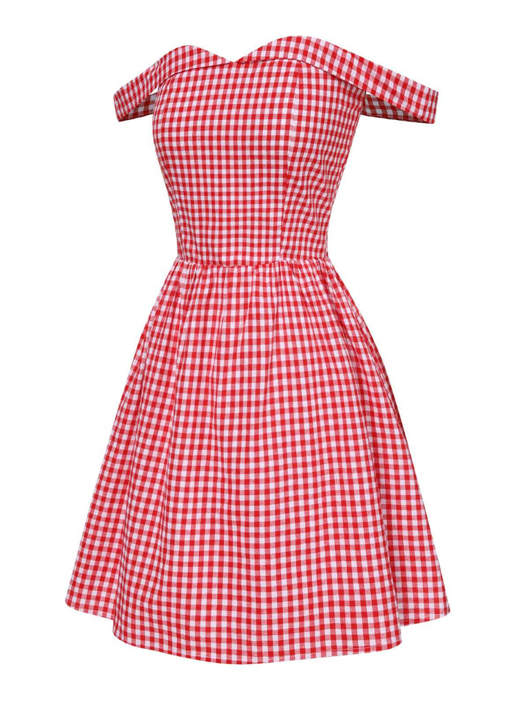 Red 1950s Plaid Off-Shoulder Swing Dress, vintage dress, retro fashion, rockabilly, pin-up fashion - perfect for women who love vintage and retro fashion