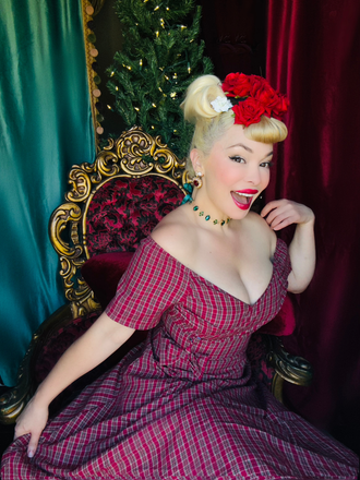 Red 1950s Plaid Ruched Sweetheart Neck Bow Dress - vintage dress, retro fashion, rockabilly