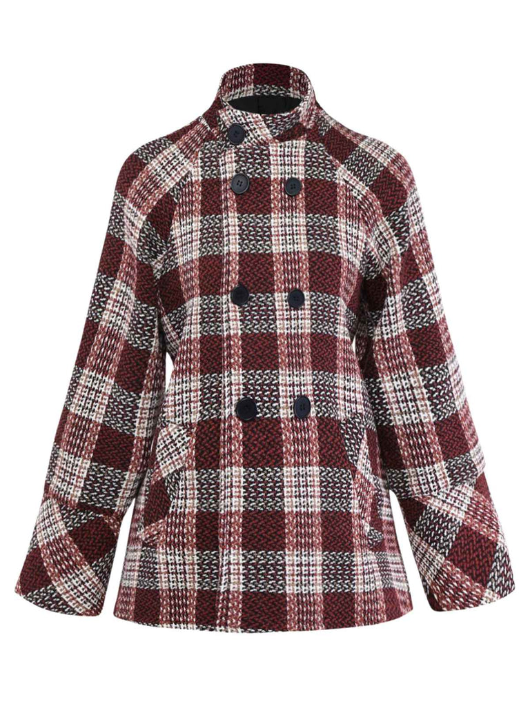 Red 1950s Plaid Tweed Stand Collar Coat - vintage fashion, retro style, elegant red