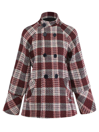 Red 1950s Plaid Tweed Stand Collar Coat - vintage fashion, retro style, elegant red