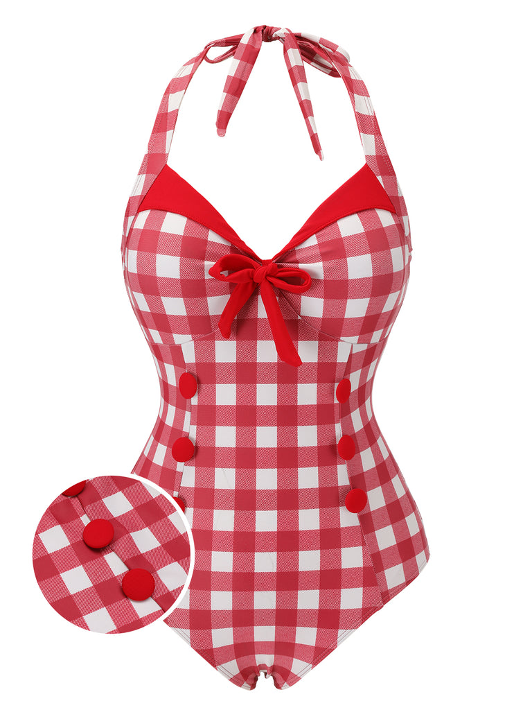 Red 1950s Plaids Added Bowknot Swimsuit, vintage swimsuit, pin-up swimwear - perfect for women who love vintage and retro fashion