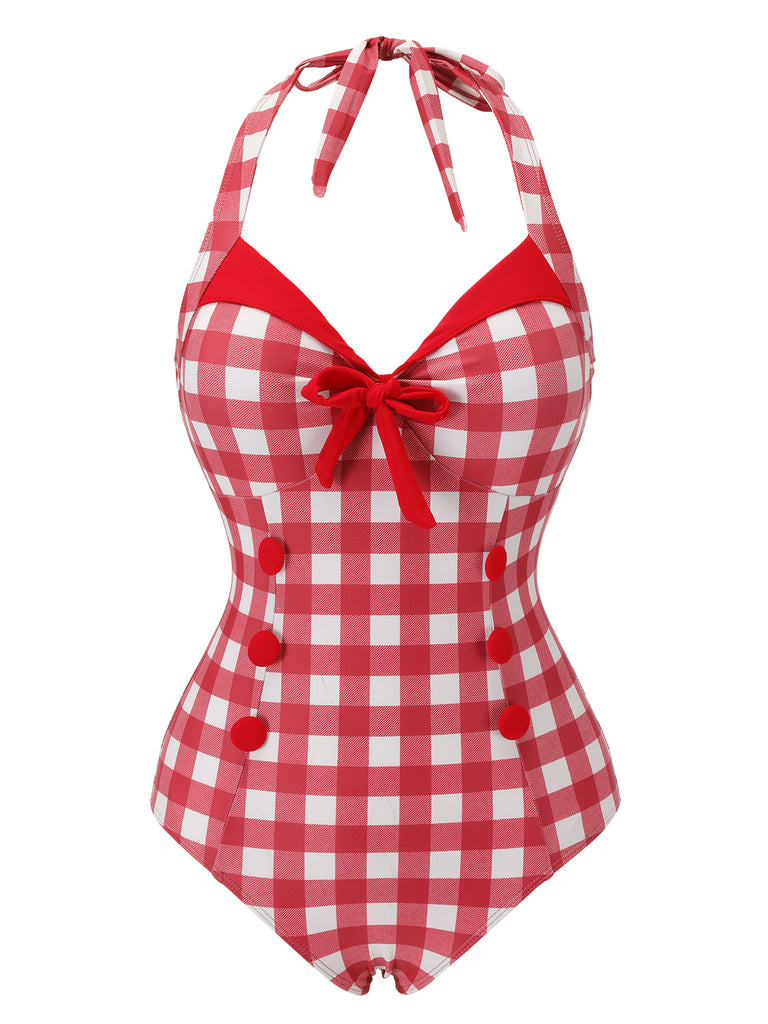 Red 1950s Plaids Added Bowknot Swimsuit, vintage swimsuit, pin-up swimwear - perfect for women who love vintage and retro fashion