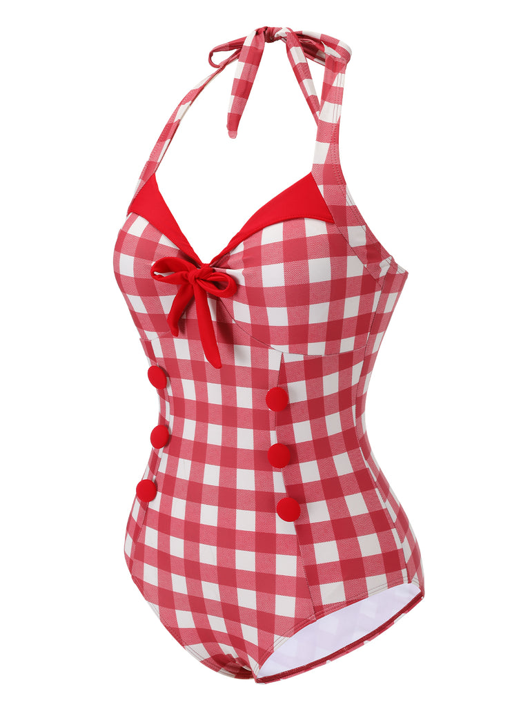 Red 1950s Plaids Added Bowknot Swimsuit, vintage swimsuit, pin-up swimwear - perfect for women who love vintage and retro fashion