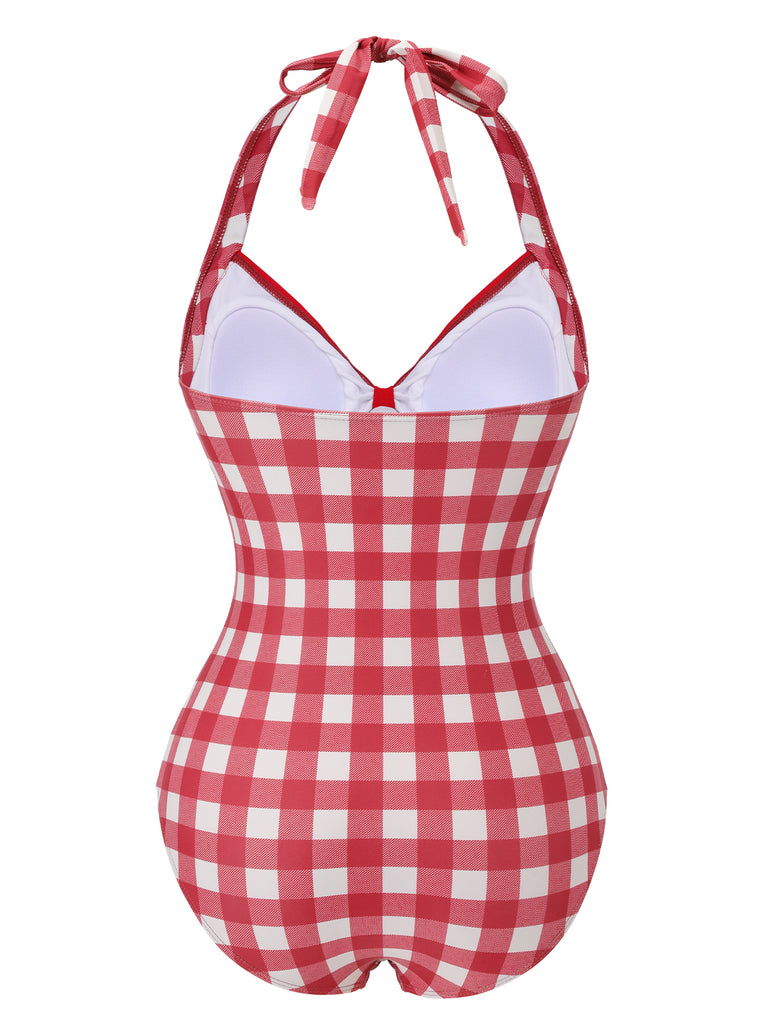 Red 1950s Plaids Added Bowknot Swimsuit, vintage swimsuit, pin-up swimwear - perfect for women who love vintage and retro fashion
