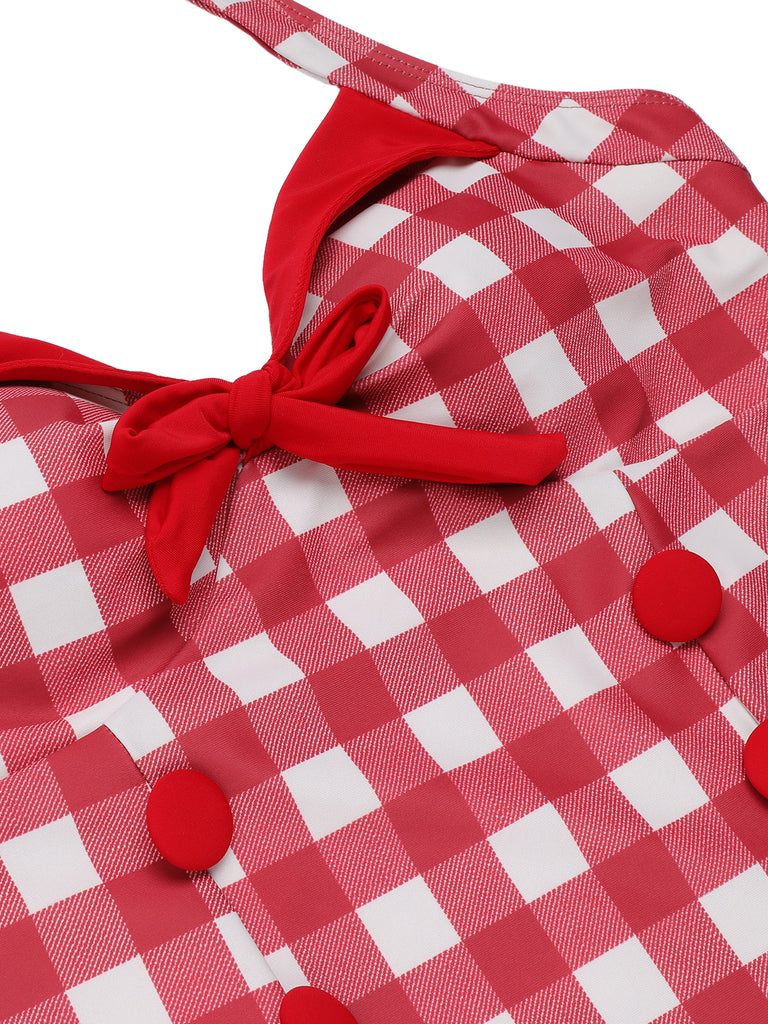 Red 1950s Plaids Added Bowknot Swimsuit, vintage swimsuit, pin-up swimwear - perfect for women who love vintage and retro fashion