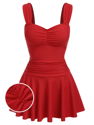 She's wearing Red 1950s Pleated Solid One-Piece Swimsuit and the whole beach remembers the 1950s
