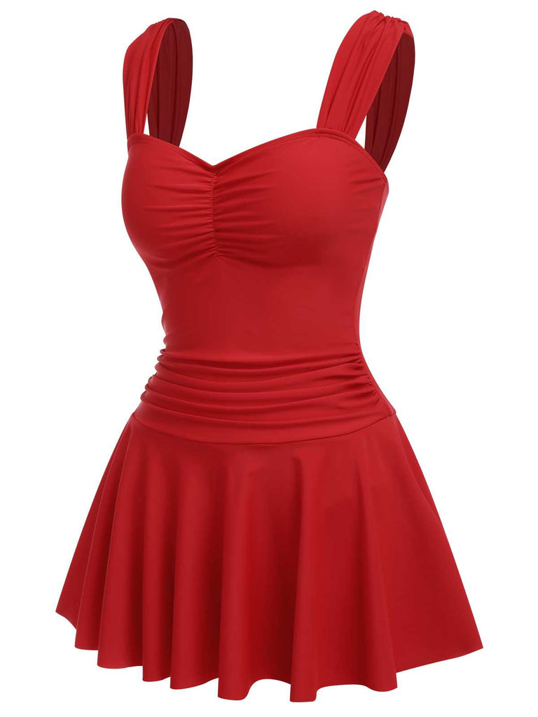 This Red 1950s Pleated Solid One-Piece Swimsuit carries 1950s vacation dreams in every stitch