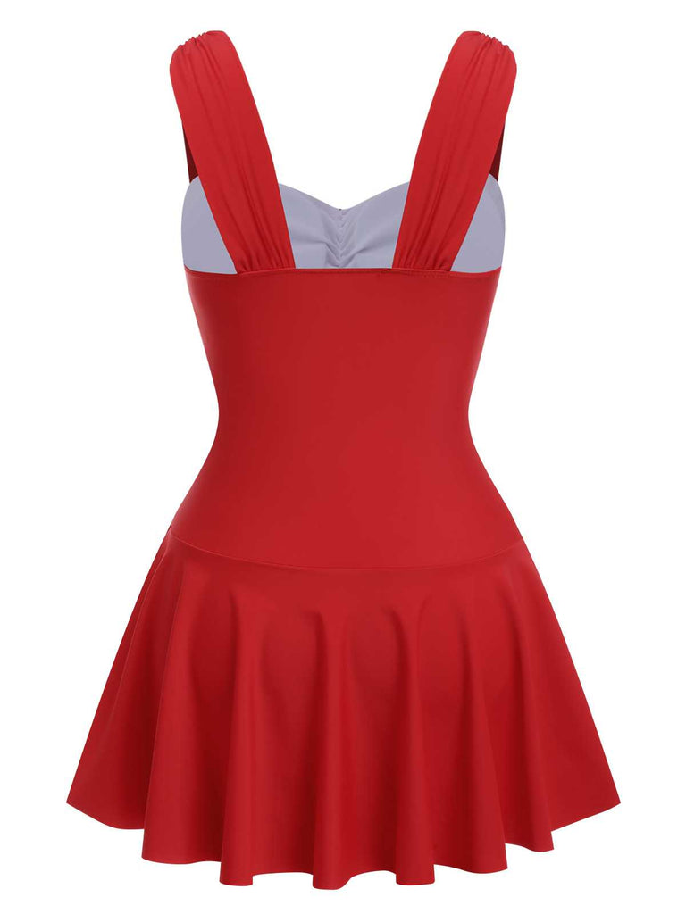 Red 1950s Pleated Solid One-Piece Swimsuit — because 1950s glamour never goes out of style
