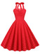She slips into this Red 1950s Polka Dot Halter Swing Dress and suddenly it's a 1950s daydream