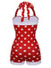 Red 1950s Polka Dot Patchwork Halter Swimsuit — because 1950s glamour never goes out of style