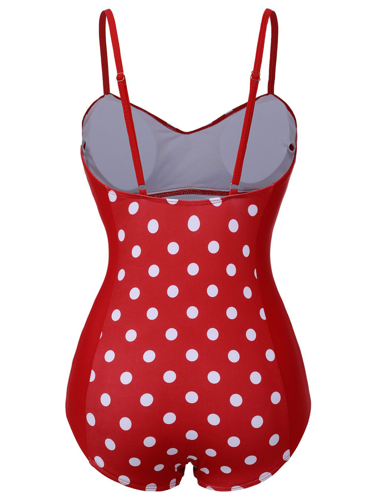 Red 1950s Polka Dot Patchwork Strap Swimsuit, vintage swimsuit, pin-up swimwear - perfect for women who love vintage and retro fashion