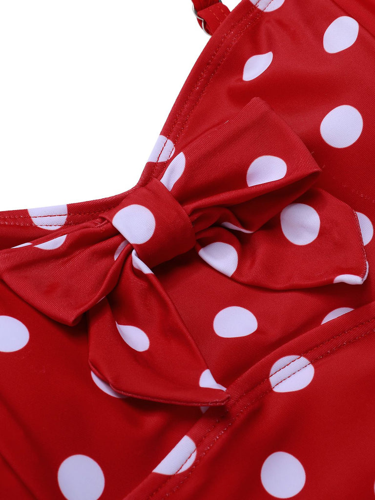 Red 1950s Polka Dot Patchwork Strap Swimsuit, vintage swimsuit, pin-up swimwear - perfect for women who love vintage and retro fashion