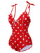 Red 1950s Polka Dot Shoulder Tie Swimsuit, vintage swimsuit, pin-up swimwear - perfect for women who love vintage and retro fashion