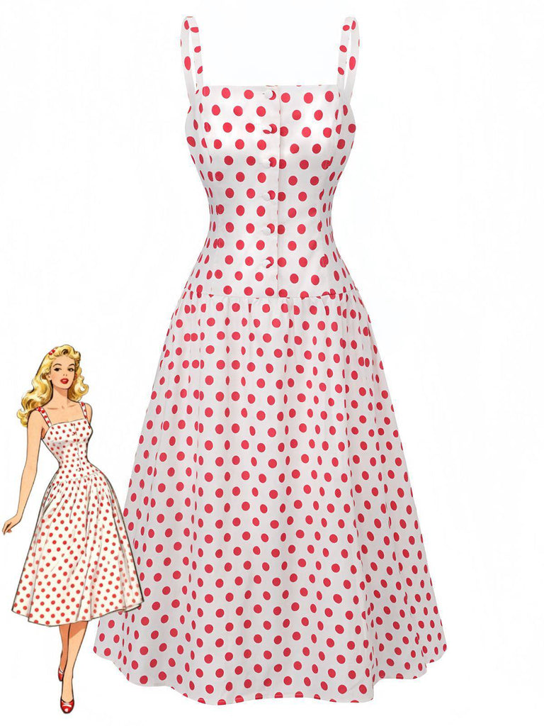 Red 1950s Polka Dot Square Neck Wide Strap Dress - vintage dress, retro fashion, rockabilly