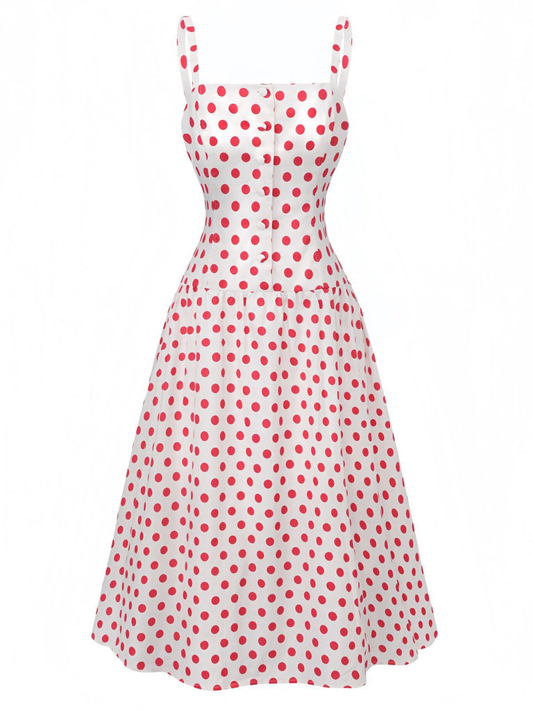 Red 1950s Polka Dot Square Neck Wide Strap Dress - vintage dress, retro fashion, rockabilly
