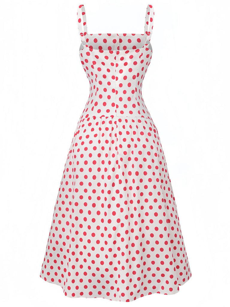 Red 1950s Polka Dot Square Neck Wide Strap Dress - vintage dress, retro fashion, rockabilly