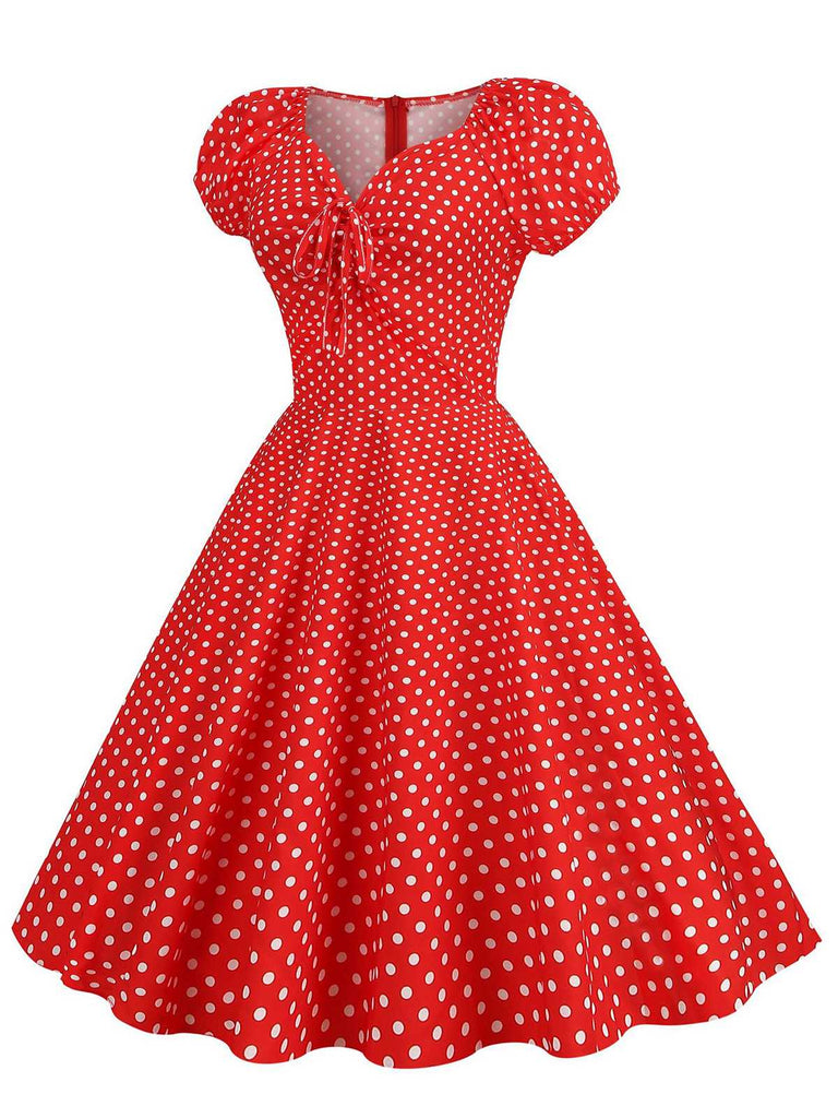 Red 1950s Polka Dot Sweetheart Neck Bow Dress: where 1950s romance meets her modern spirit