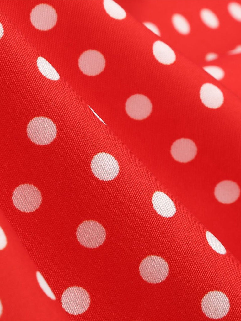 Red 1950s Polka Dot Sweetheart Neck Bow Dress — the kind of 1950s dress that makes strangers smile