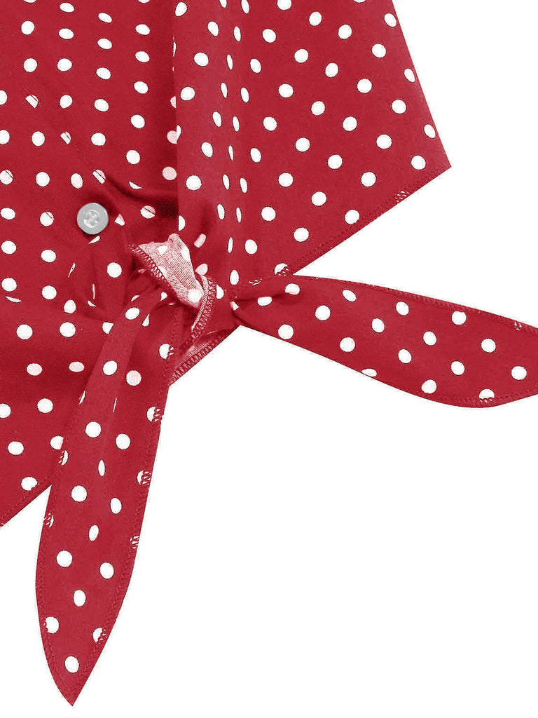 Red 1950s Polka Dot Tie-Front Cropped Blouse: beautiful vintage blouse, retro top, classic style with timeless appeal