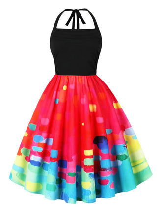 Red 1950s Psychedelic Painting Prints Halter Dress - vintage dress, retro fashion, rockabilly