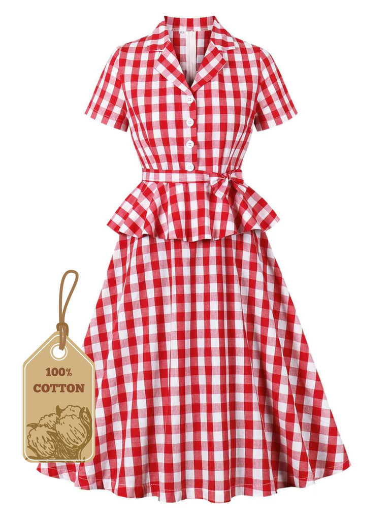 She slips into this Red 1950s Pure Cotton Gingham Plaids Belted Dress and suddenly it's a 1950s daydream