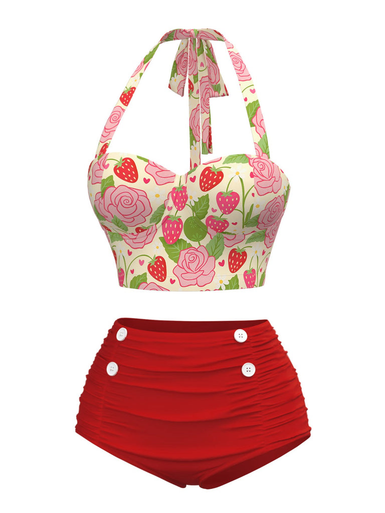 Red 1950s Rose & Strawberry Halter Swimsuit: 1950s Riviera elegance, reimagined for her
