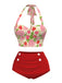 Red 1950s Rose & Strawberry Halter Swimsuit: 1950s Riviera elegance, reimagined for her