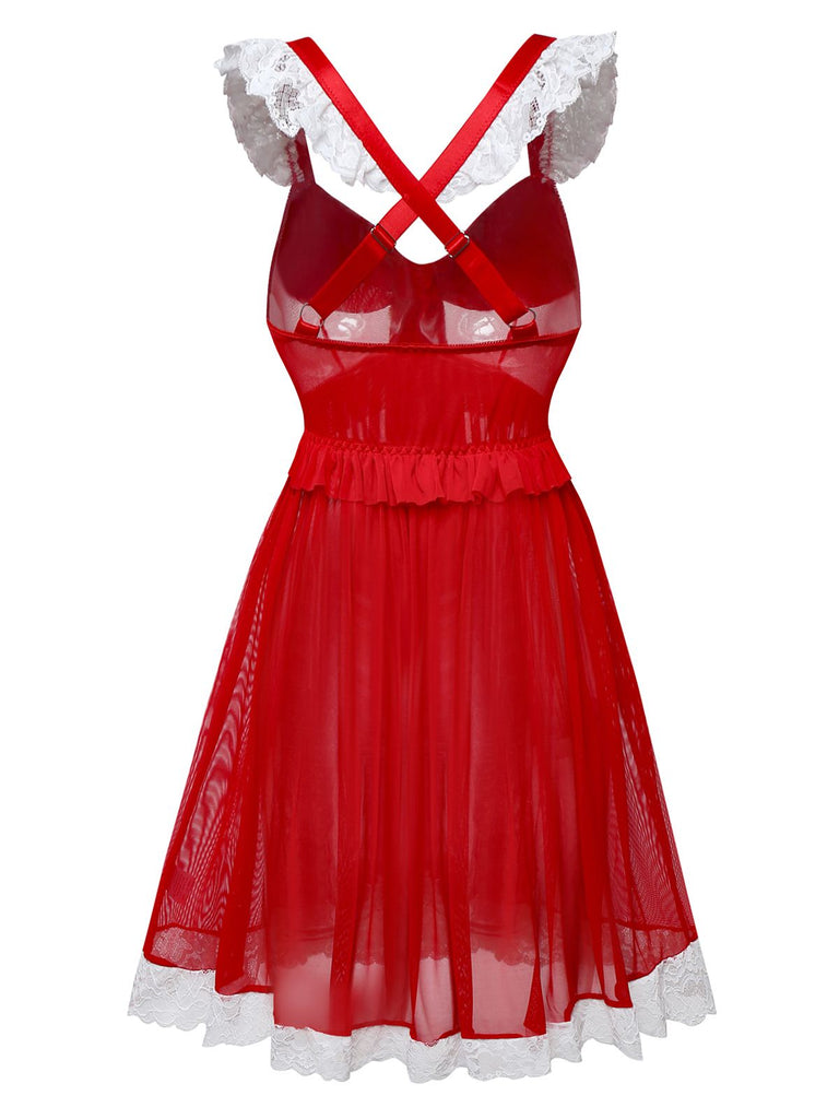 Red 1950s Ruffle Strap Lace Sheer Nightdress - vintage dress, retro fashion, rockabilly