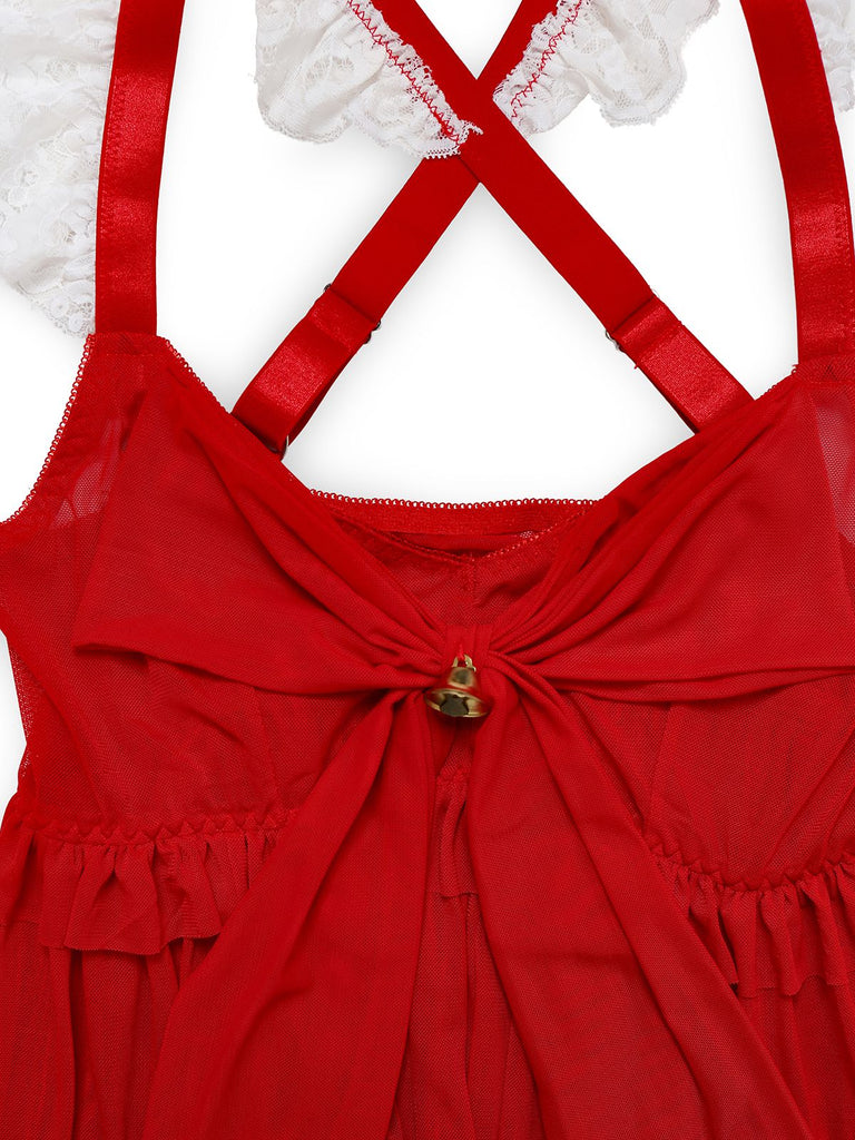 Red 1950s Ruffle Strap Lace Sheer Nightdress - vintage dress, retro fashion, rockabilly