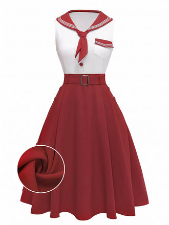 [Pre-Sale] Red 1950s Sailor Collar Belted Sleeveless A-Line Dress, vintage dress, retro fashion, rockabilly, pin-up fashion - perfect for women who love vintage and retro fashion
