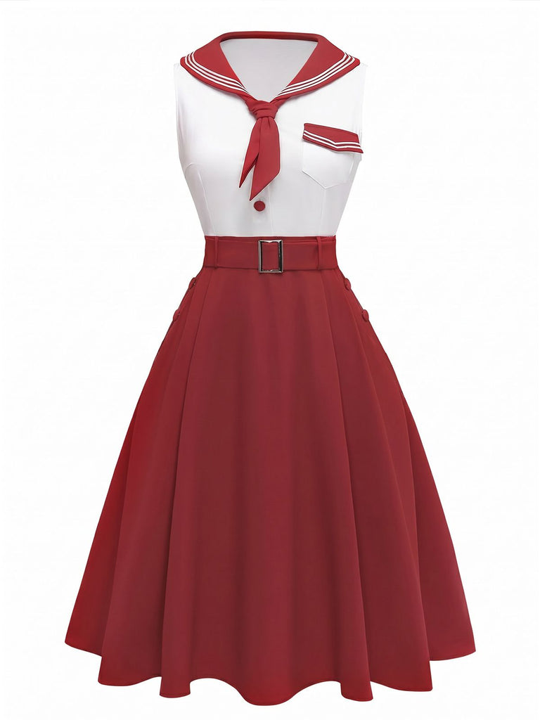 [Pre-Sale] Red 1950s Sailor Collar Belted Sleeveless A-Line Dress, vintage dress, retro fashion, rockabilly, pin-up fashion - perfect for women who love vintage and retro fashion