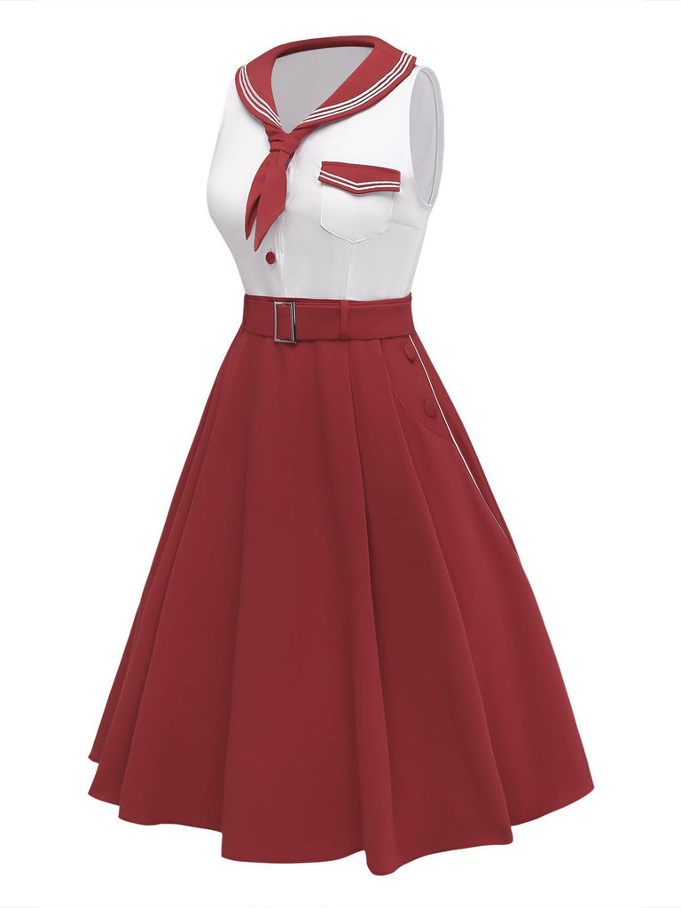 [Pre-Sale] Red 1950s Sailor Collar Belted Sleeveless A-Line Dress, vintage dress, retro fashion, rockabilly, pin-up fashion - perfect for women who love vintage and retro fashion