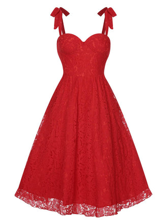 She slips into this Red 1950s Shoulder Straps Lace Swing Dress and suddenly it's a 1950s daydream