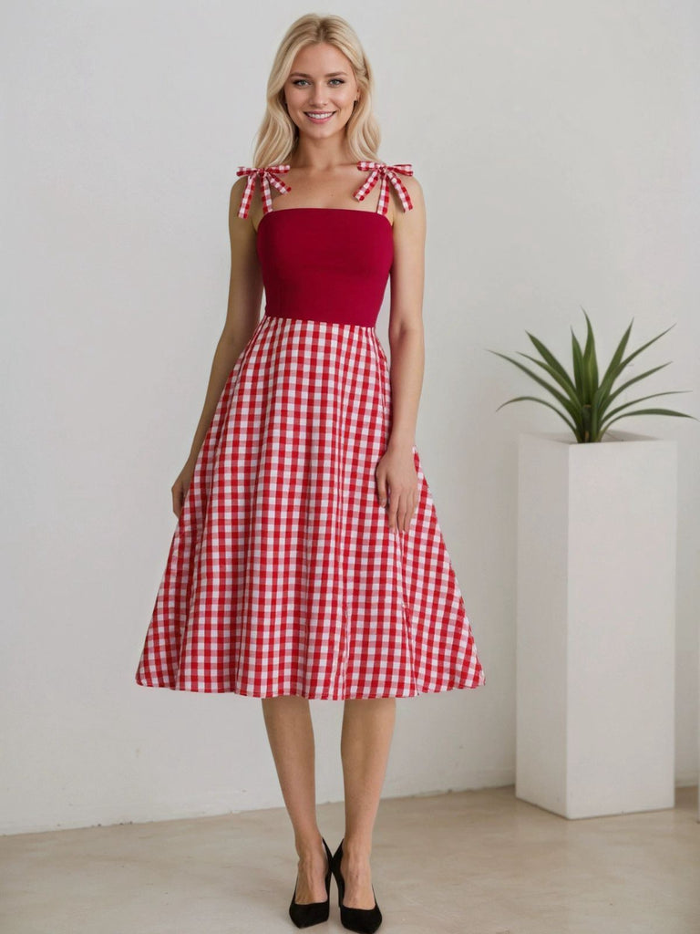 Red 1950s Shoulder Tie Gingham Plaid Dress - vintage dress, retro fashion, rockabilly