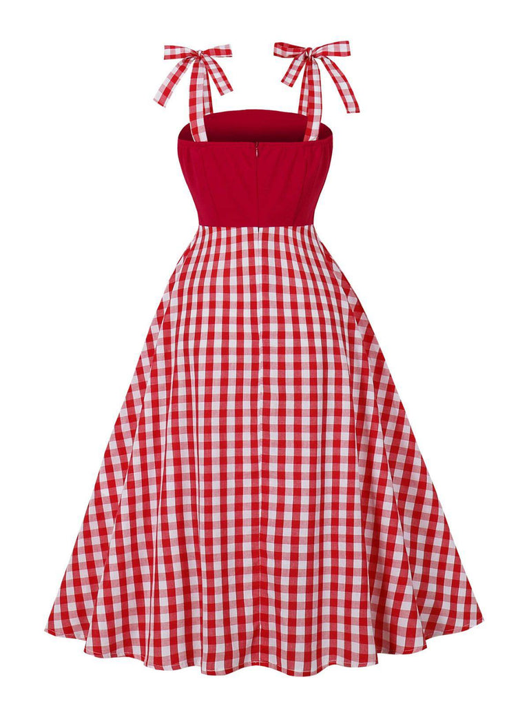 Red 1950s Shoulder Tie Gingham Plaid Dress - vintage dress, retro fashion, rockabilly
