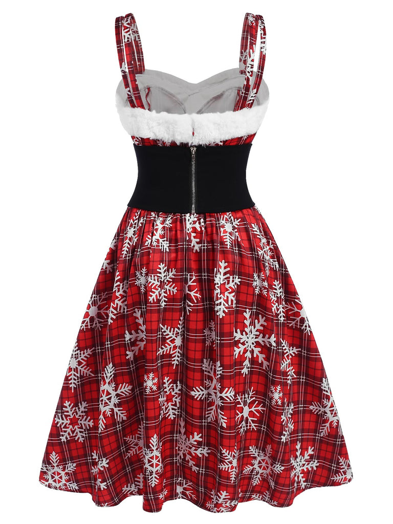 Red 1950s Snowflake Plaid Plush Trim Dress, vintage dress, retro fashion, rockabilly, pin-up fashion - perfect for women who love vintage and retro fashion