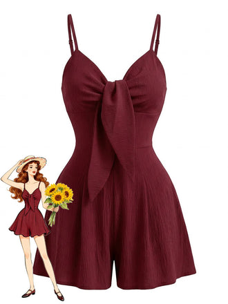 Red 1950s Solid Bow Spaghetti Strap Textured Romper - vintage romper, retro jumpsuit for vintage lovers