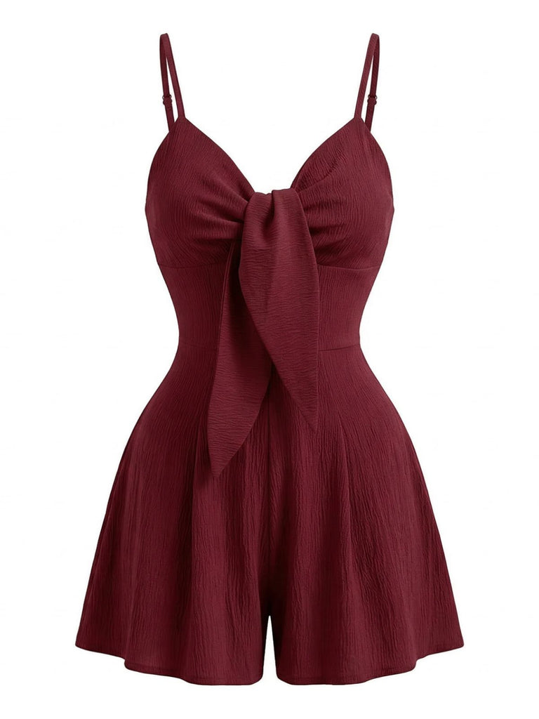 Red 1950s Solid Bow Spaghetti Strap Textured Romper - vintage romper, retro jumpsuit for vintage lovers