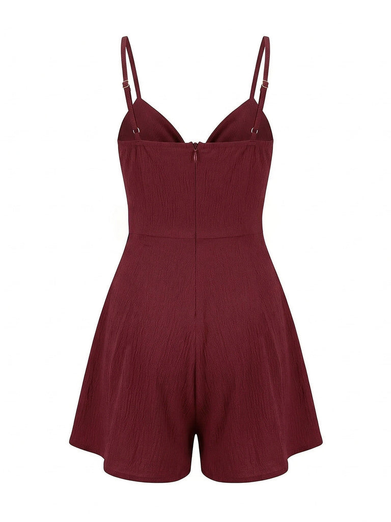 Red 1950s Solid Bow Spaghetti Strap Textured Romper - vintage romper, retro jumpsuit for vintage lovers