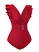 Red 1950s Solid Deep V-Neck Belt Swimsuit, vintage swimsuit, pin-up swimwear - perfect for women who love vintage and retro fashion
