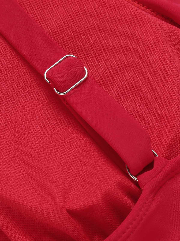 Red 1950s Solid Deep V-Neck Belt Swimsuit, vintage swimsuit, pin-up swimwear - perfect for women who love vintage and retro fashion